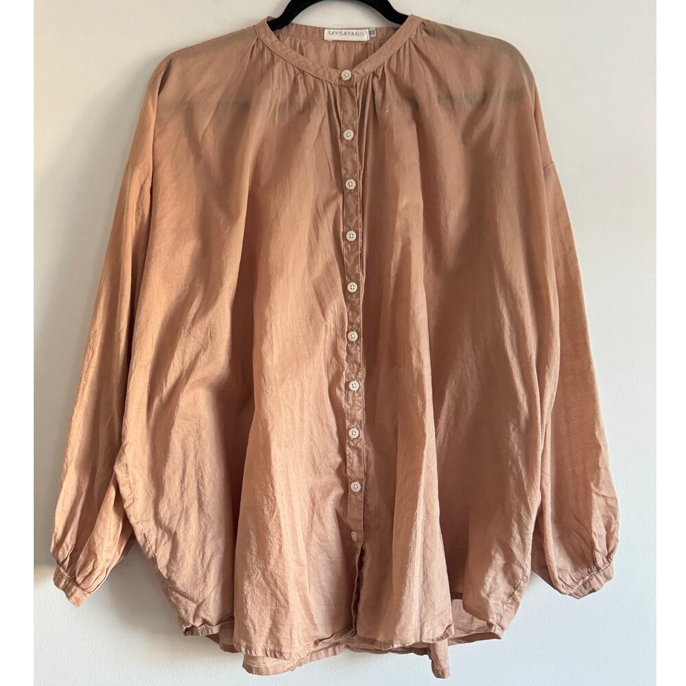 MYSAYANG Handmade 100% Cotton Button Front‎ Blouse One Size Tan
